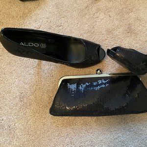 Used, Aldo Garlanda black sequin size 8 peep toe heels, with matching sequin kis